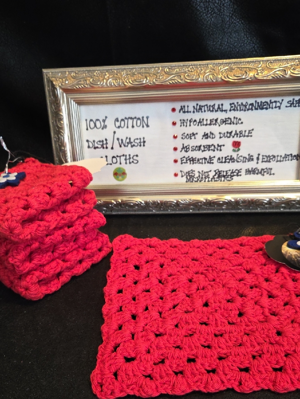 Hand-Crocheted Red100%  Cotton Dish/Wash Cloth Set Of 4